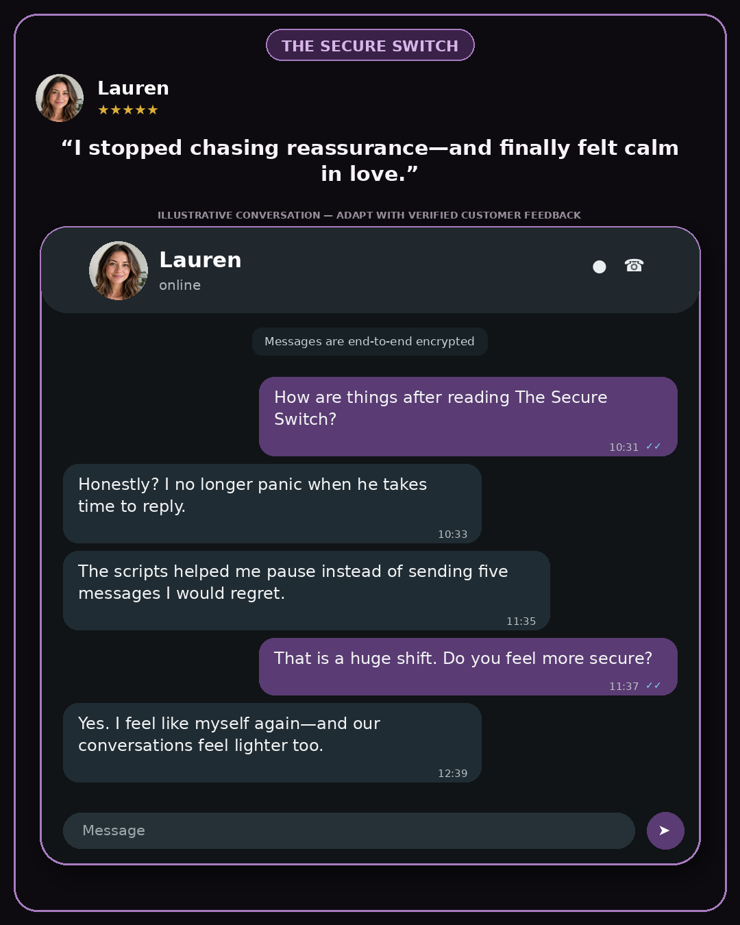 Illustrative chat conversation card: a woman describes no longer panicking when he takes time to reply after reading The Secure Switch.