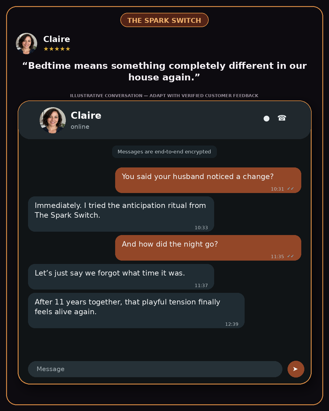 Illustrative chat conversation card: a woman describes trying the anticipation ritual and bedtime feeling different again.