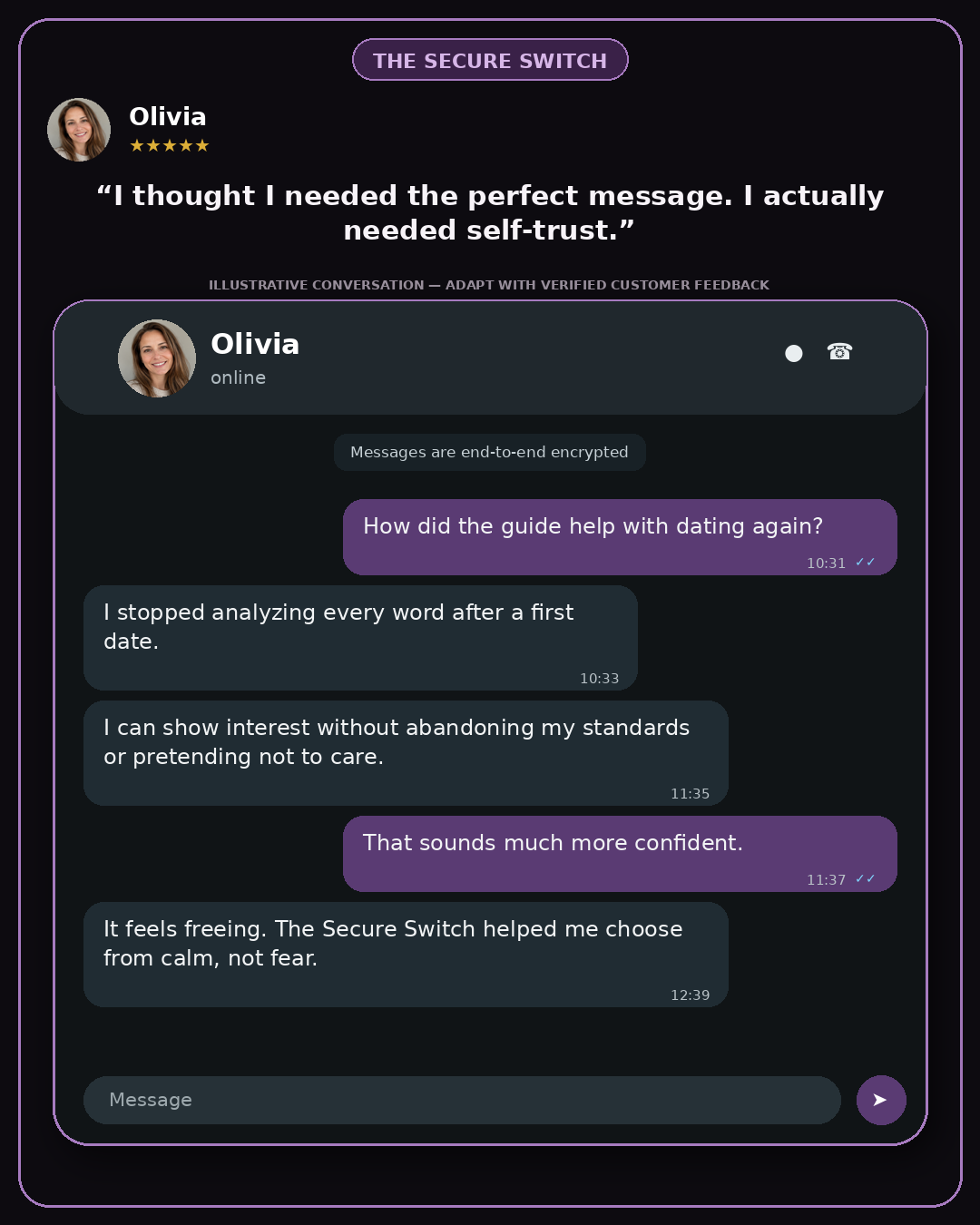 Illustrative chat conversation card: a woman describes choosing from calm instead of fear while dating again.