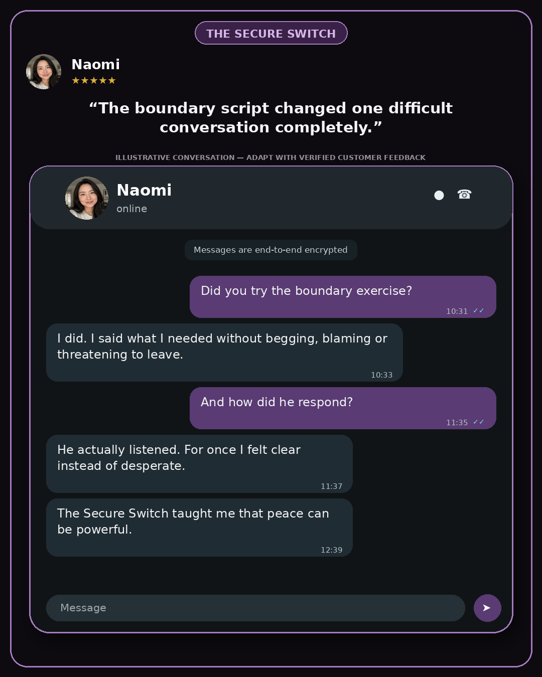 Illustrative chat conversation card: a woman describes using a boundary script to say what she needed without begging or blaming.