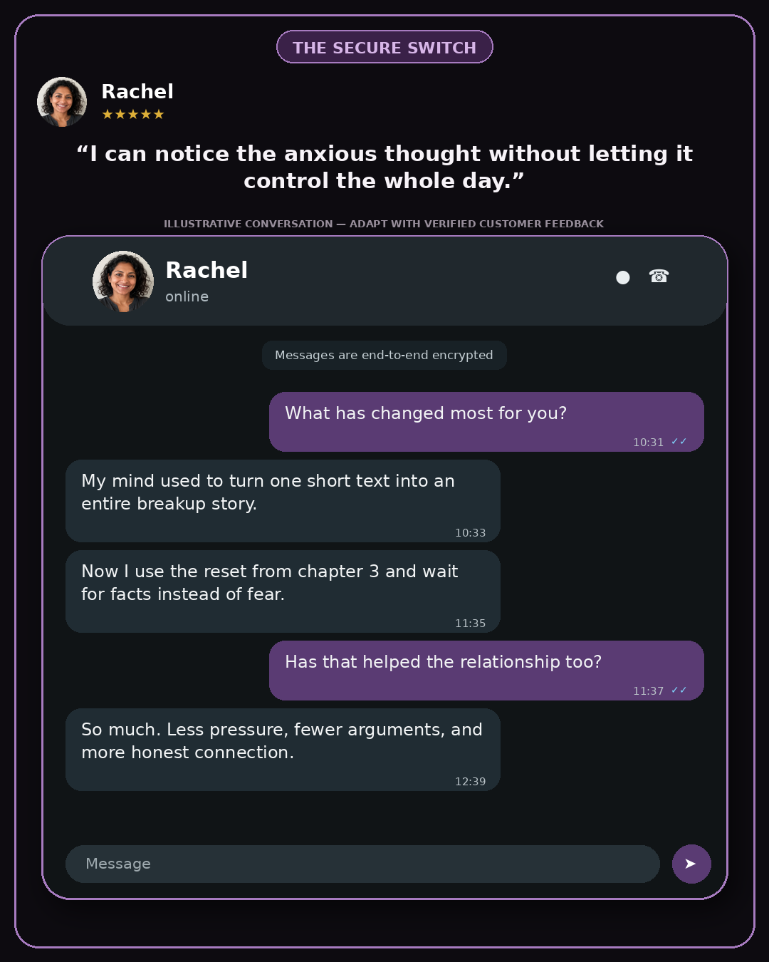 Illustrative chat conversation card: a woman describes noticing an anxious thought without letting it control her whole day.
