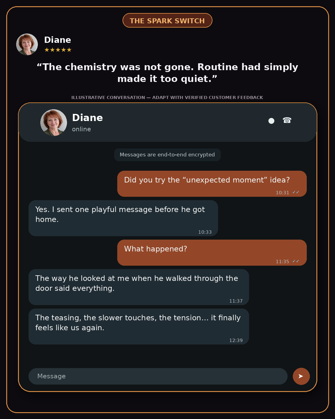 Illustrative chat conversation card: a woman describes one playful message reawakening chemistry with her partner.