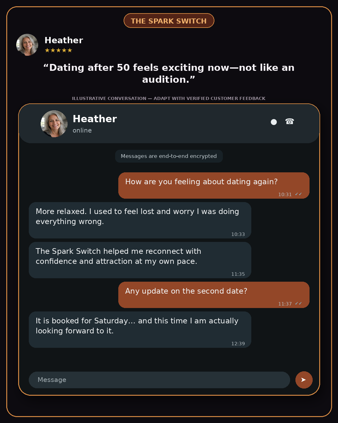 Illustrative chat conversation card: a woman describes dating after 50 feeling exciting instead of like an audition.