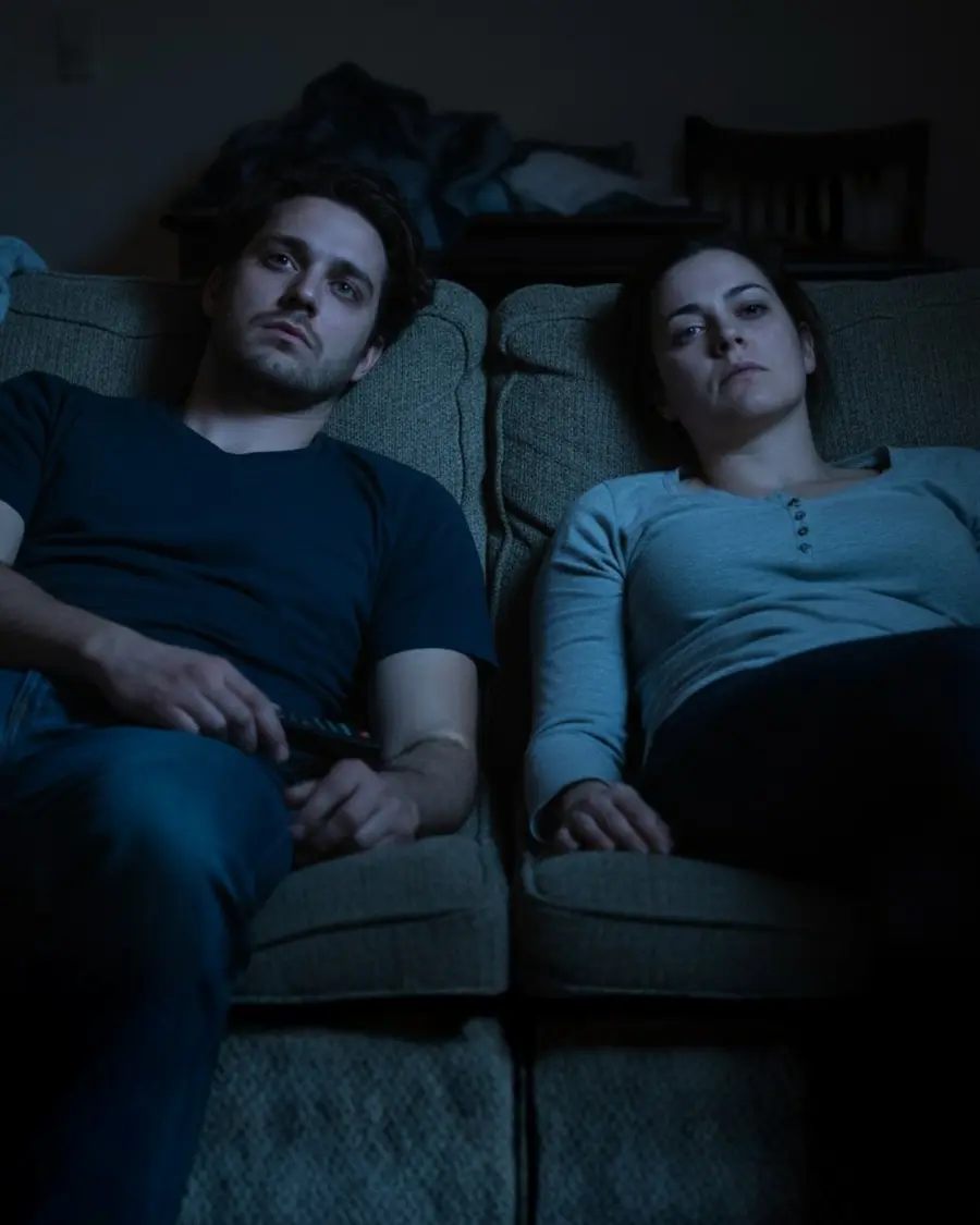 Two people sitting apart in a quiet living room