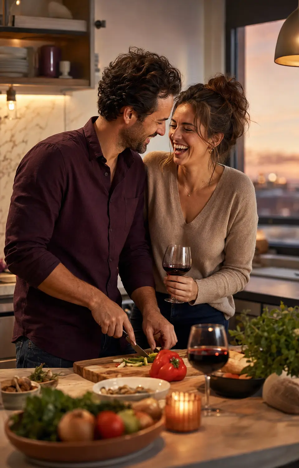 A couple laughing together while cooking at a marble kitchen counter at dusk.